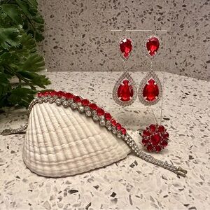 Red faceted gem and rhinestone jewelry set